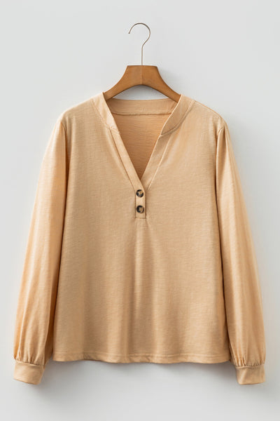 Women's Light French Beige Long Sleeve V-Neck Henley Blouse