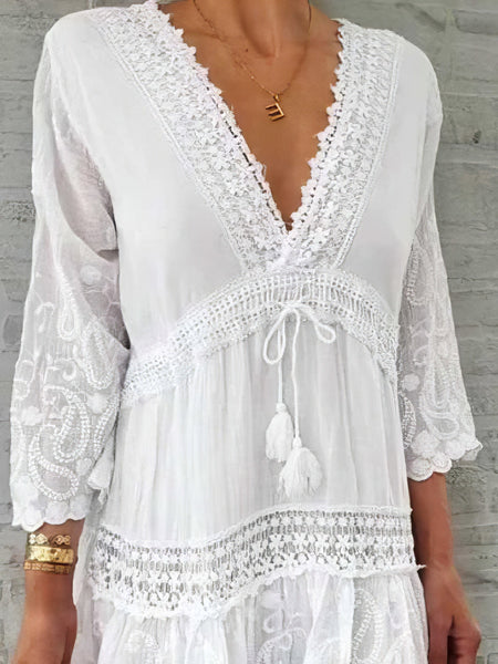 Chic V-neck Print Dress with 3/4 Sleeves and Hollow Design
