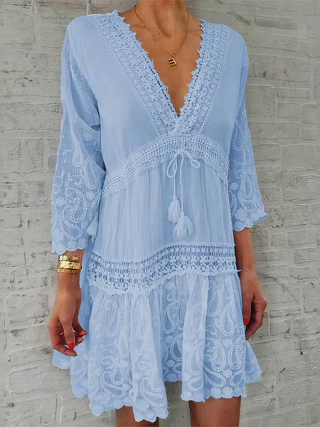 Chic V-neck Print Dress with 3/4 Sleeves and Hollow Design