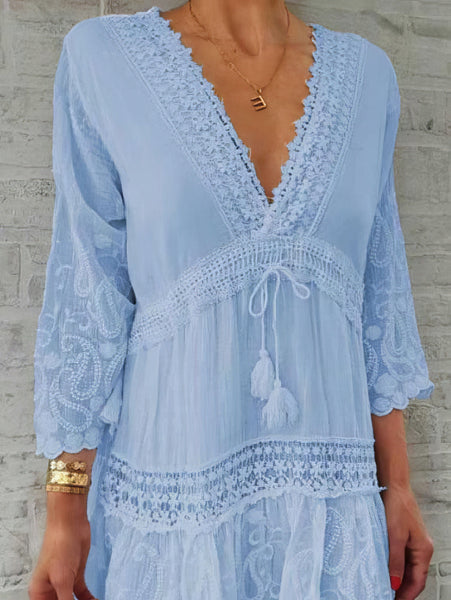 Chic V-neck Print Dress with 3/4 Sleeves and Hollow Design