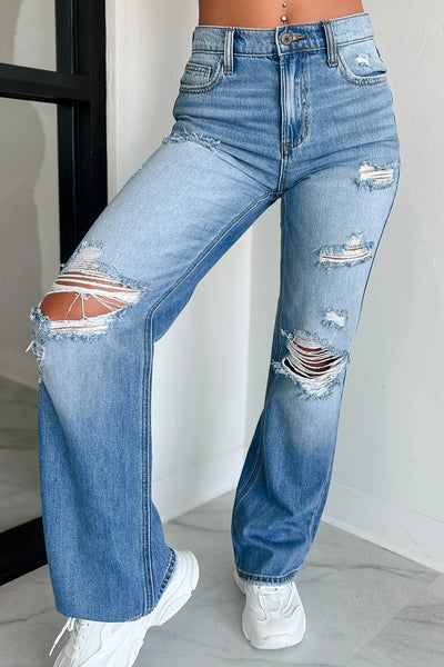 Chic Women's Classic Blue Mid Rise Distressed Straight Leg Jeans for Everyday Comfort and Style
