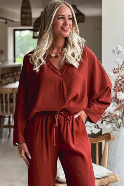 Chic Women's Red Clay Oversized V-Neck Top & Drawstring Pants Set - Trendy Loose Fit 2-Piece Outfit for Effortless Style