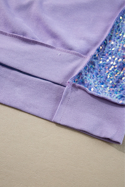 Women's Trendy Lilac Sequin Patchwork High Low Henley Sweatshirt - Stylish and Comfortable Pullover for Effortless Chic