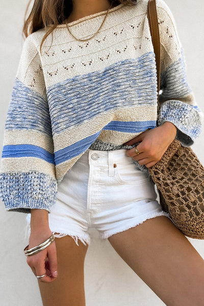 Light Blue Puff Sleeve Sweater for Women - Chic Open Stitch Knit Top for Casual Style and Everyday Comfort