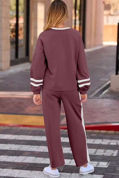 Women's Mineral Red Varsity Stripe Puff Sleeve and Wide Leg Pant Set with practical styling and dependable silhouette control.