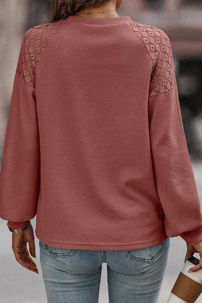 Chic Women's Rose Pink Textured Lace Pullover Sweater Cozy Long Sleeve Top for Stylish Fall and Winter Looks
