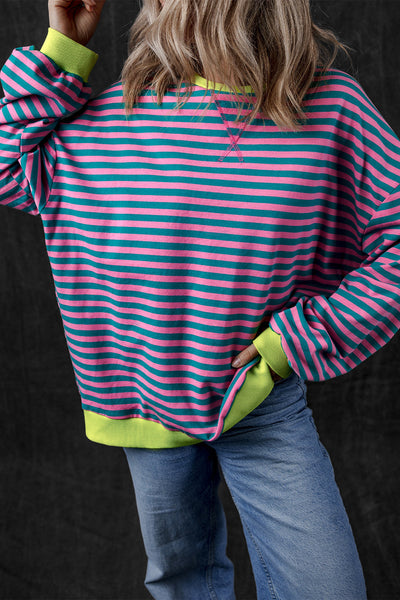 Women's Cozy Green Stripe Oversized Sweatshirt with Contrast Trim - Effortless Casual Pullover for Chic Comfort
