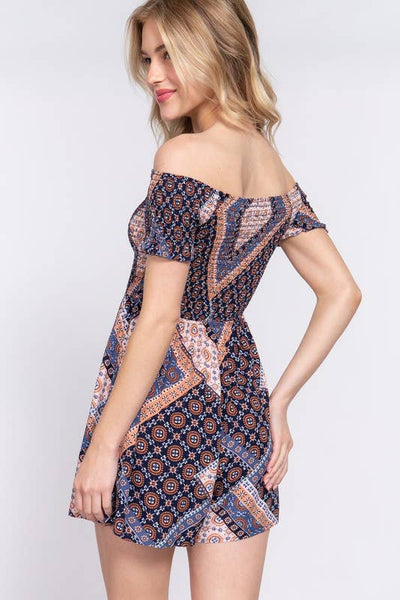 Short Sleeve Off the Shoulder Smocked Floral Print Romper