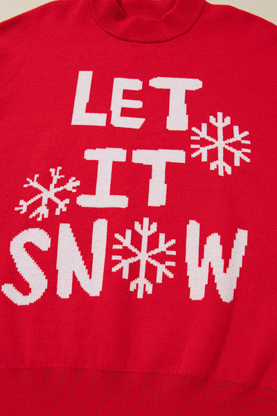 Cozy Red Dahlia Women's Holiday Graphic Sweater - Loose Fit "Let It Snow" Design for Festive Christmas Comfort and Style