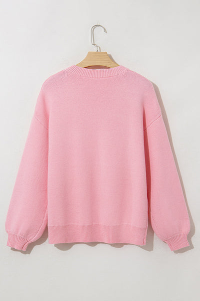Cozy Women's Pink Bow Graphic Drop Shoulder Sweater - Casual Chic Round Neck Top for Effortless Style