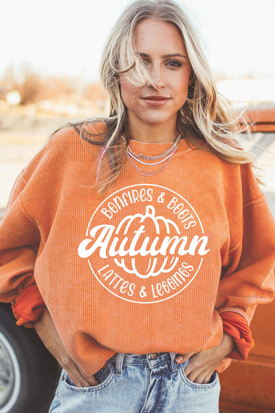 Women's Autumn Graphic Pumpkin Corduroy Sweatshirt in Rust Orange