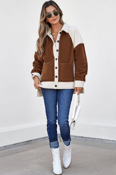 Women's Brown Color Block Fleece Shacket and Button-Down Shirt with practical styling and dependable silhouette control.