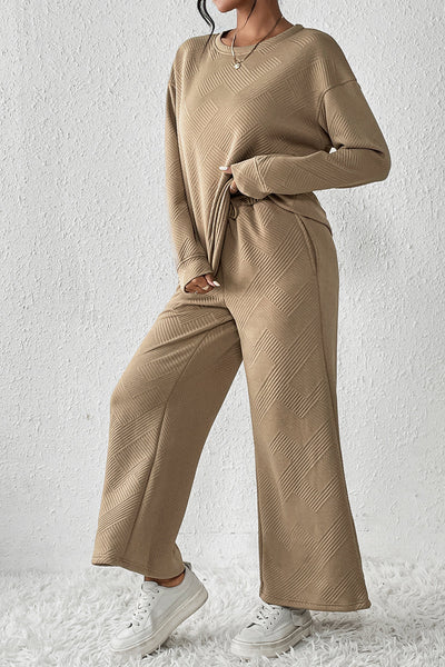 Pale Khaki Women's 2-Piece Slouchy Outfit - Ultra Loose Textured Set for Effortless Casual Chic