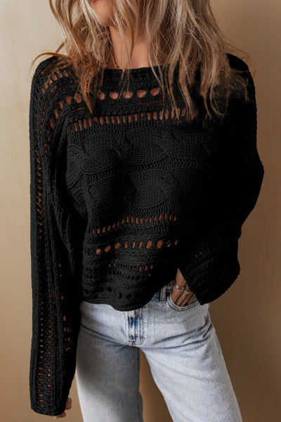 Chic Women's Black Cropped Hollow-Out Cable Knit Sweater - Lightweight Fall & Winter Fashion Essential