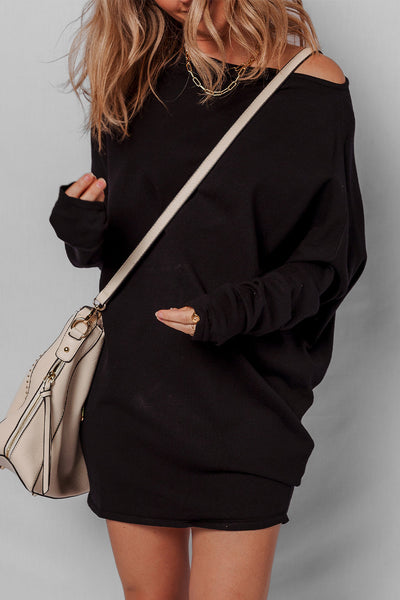 Trendy Women's Black Asymmetric Batwing Sleeve Mini Sweater Dress Effortless Chic Style for Any Occasion