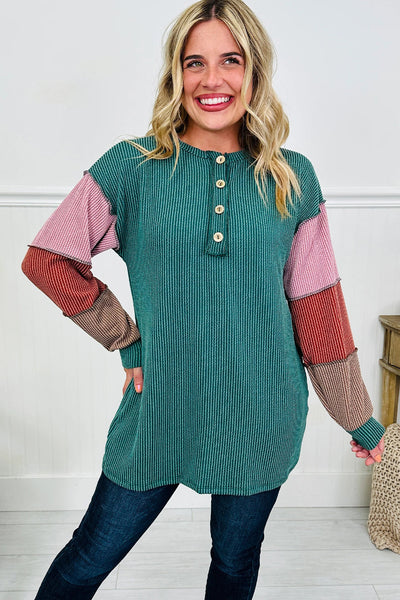 Women's Lapis Twisted Ribbed Color Block Long Sleeve Henley Top with Exposed Seams - Trendy Casual Style