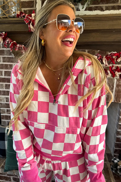 Cozy Women's Red Checkered Half Zip Hoodie - Stylish Casual Top for Everyday Comfort and Effortless Style