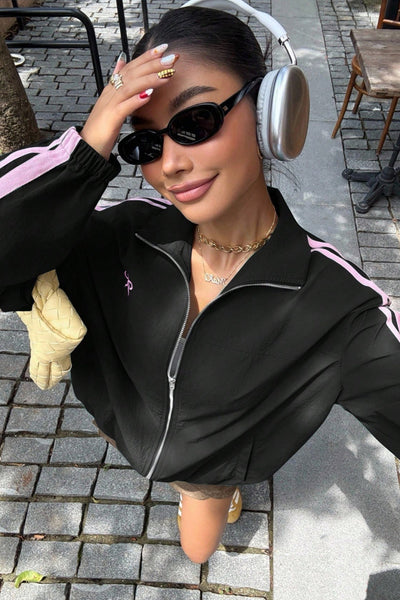 Chic Women's Black Zip-Up Sweatshirt Jacket with Bow Embroidery for Cozy, Stylish Comfort and Effortless Layering