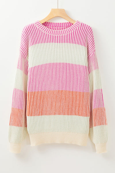 Cozy Women's Pink Colorblock Bubble Sleeve Sweater - Textured Knit for Stylish Fall and Winter Fashion