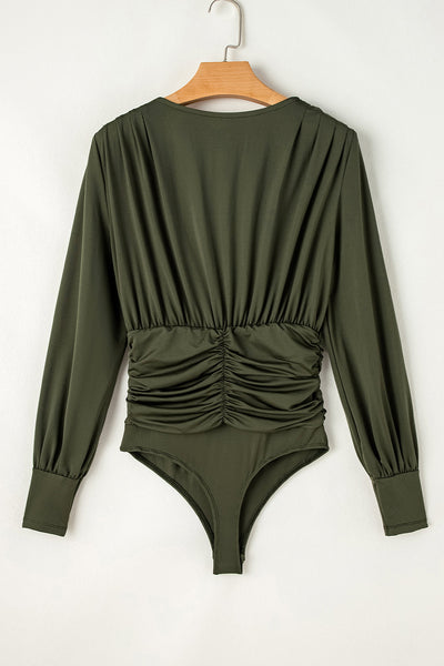 Moss Green Long Sleeve Ruched Wrap Bodysuit for Women - Chic, Comfortable Fit Perfect for Casual or Dressy Occasions