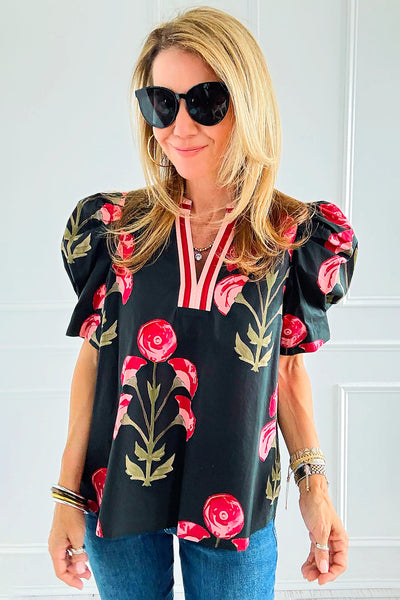 Women's Casual Elegance Black Floral Puff Sleeve Blouse with Striped Contrast - Chic V-Neck Top for Everyday Style