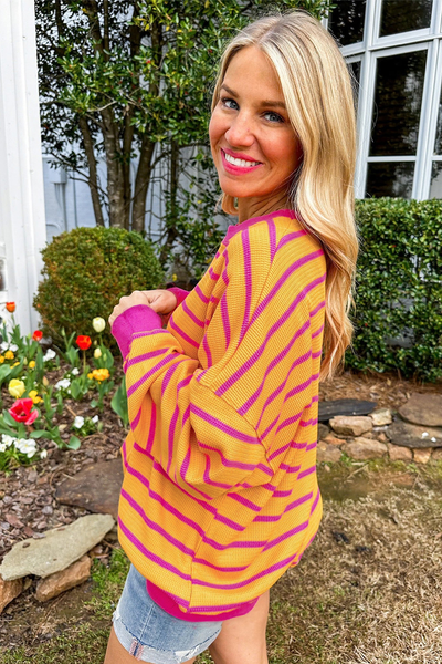 Cozy Women's Orange Stripe Trim Drop Shoulder Sweater - Stylish Loose Fit Knitwear for Casual Chic Looks