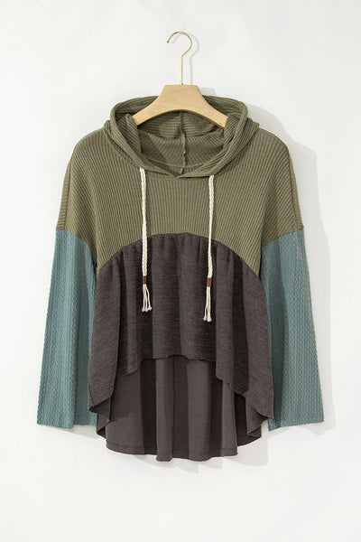 Laurel Green Women's Colorblock Hooded Top with Frayed High-Low Hem, Wide Sleeves & Textured Fabric for Stylish Comfort