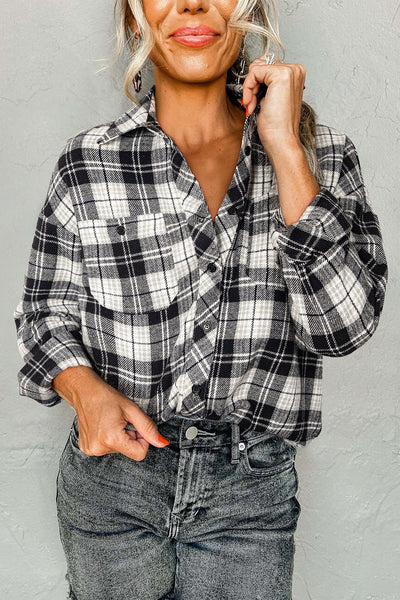 Trendy Women's Long Sleeve Black Plaid Button-Up Shirt - Casual Fit for Effortless Everyday Style