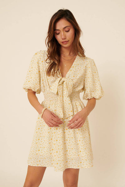 Floral V Neck Tie Puff Sleeve Smock Mini Dress