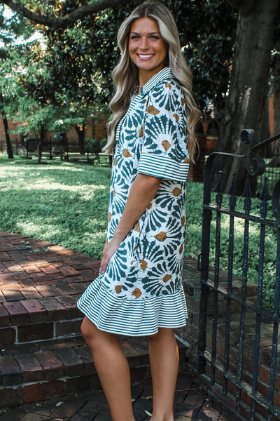 Trendy Women's Green Floral Mini Dress with Striped Collar and Ruffle Hem Perfect Summer Outfit for Stylish Ladies