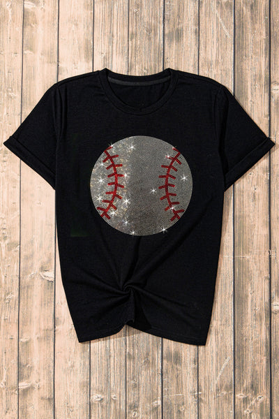 Rhinestone Embellished Baseball Graphic Tee with Round Neck