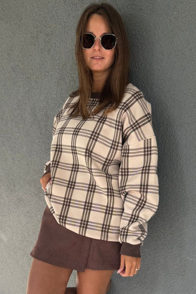 Women's Cozy Plaid Pullover Sweatshirt in Parchment - Relaxed Fit for Effortless Everyday Style