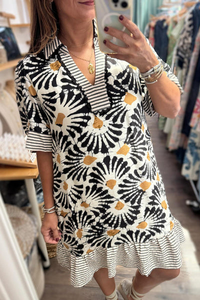 Trendy Women's Black Floral Mini Dress with Striped Collar and Ruffle Hem - Perfect for Summer Outings and Parties