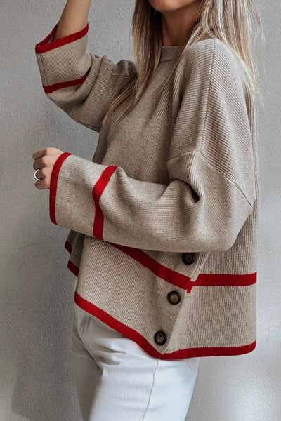 Cozy Relaxed Fit Taupe Ribbed Knit Sweater for Women with Button Side and Trendy Contrasting Stripes