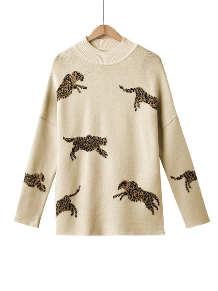 Vibrant Cheetah Print High Neck Split Hem Sweater