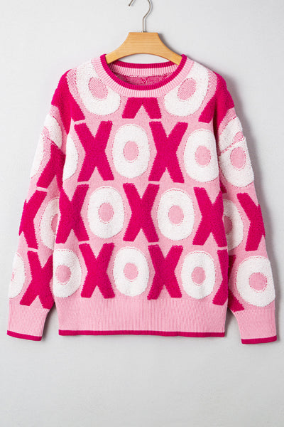 Cozy Women's Pink XOXO Crewneck Sweater - Casual Drop Shoulder Style, Perfect Valentine‚Äôs Day Gift for Her