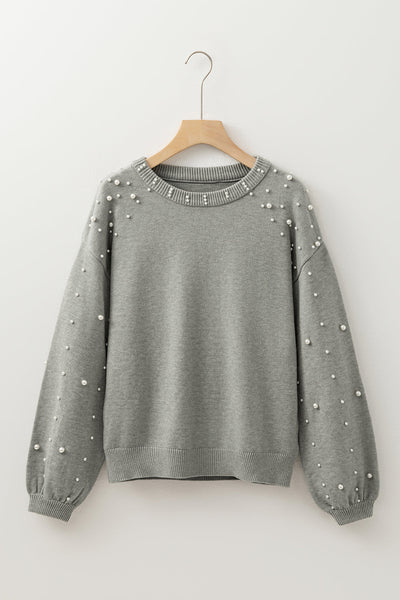 Light Grey Pearled Drop Shoulder Sweater for Women - Cozy Round Neck Knit Top for Chic Casual Style and Comfort