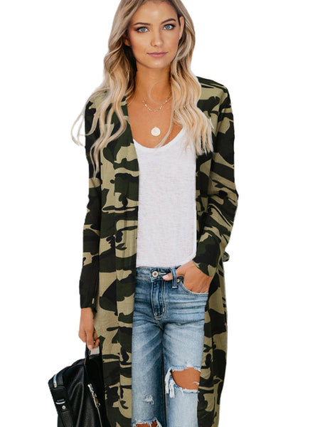 Women's Green Camo Print V-Neck Cardigan in Cardigans