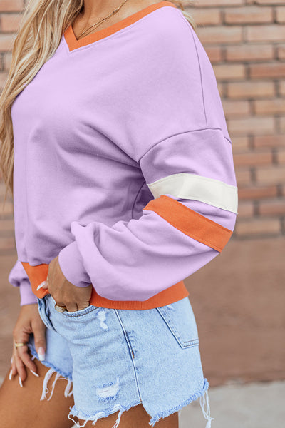 Orchid Bouquet Women's Cozy V-Neck Sweatshirt - Contrast Rib Knit, Drop Shoulder, Effortlessly Chic Patchwork Style