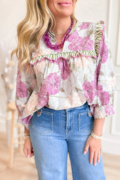 Women's Purple Floral Striped Ruffle Blouse with Contrasting Trim - Stylish 3/4 Sleeve Top for Everyday Wear
