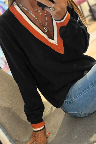 Stylish Women's Black V-Neck Varsity Sweater with Contrast Striped Trim - Cozy Fit for Casual Outings and Everyday Wear