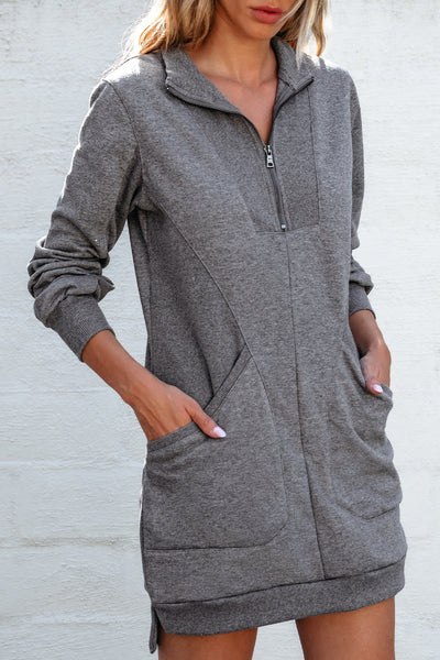 Women's Dark Grey Half-Zip Sweatshirt Dress in Premium Cotton Blend