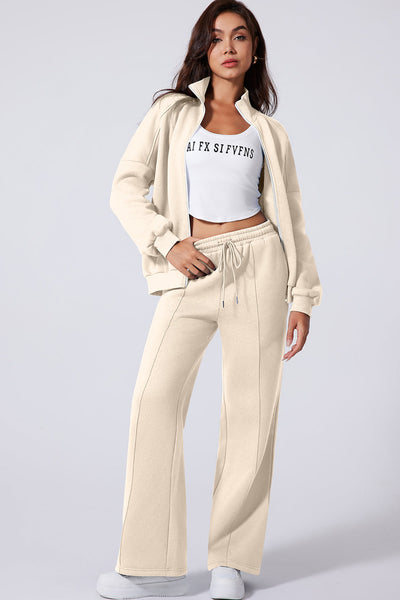 Beige Women's Activewear Set: Stylish Drop Shoulder Zip-Up Jacket & Drawstring Pants for Comfort and Performance