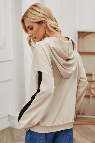 Stylish Women's Parchment Contrast Patchwork Hoodie with Knot Detail & Drawstring, Perfect for Everyday Comfort