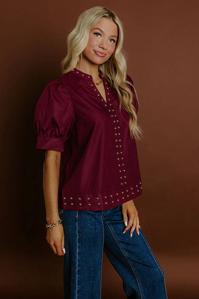 burgundy puff sleeve blouse for women chic v-neck top with rivet details for effortless style and comfort with practical styling and dependable