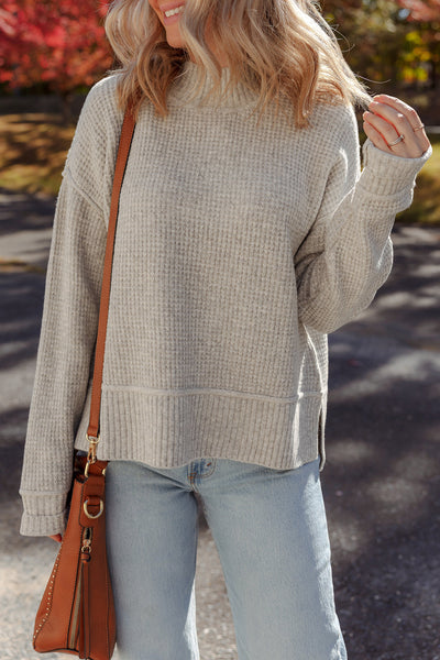 Cozy Chic Women's Gray Waffle Knit High Neck Sweater with Ribbed Details and Drop Shoulders for Effortless Style