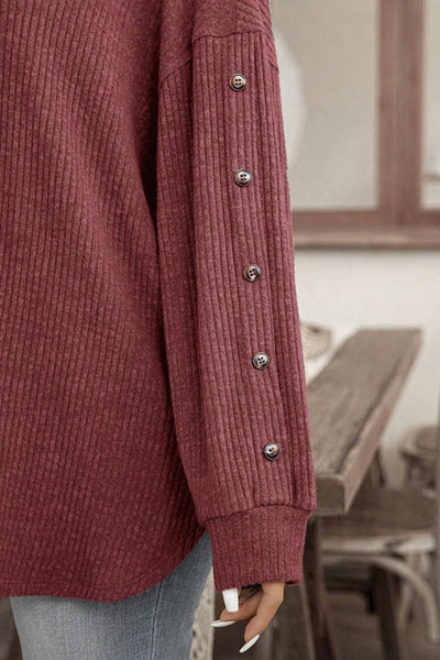 Plus Size Women's Vibrant Wild Ginger Ribbed Long Sleeve Top with Buttons - Casual Loose Fit for Effortless Style
