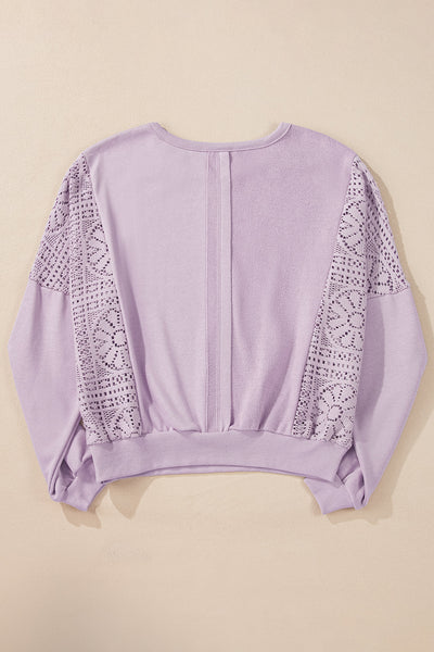 Chic Women's Orchid Petal Knit Sweatshirt with Crochet Accents, Exposed Seams, and Cozy Ribbed Trim for Effortless Style