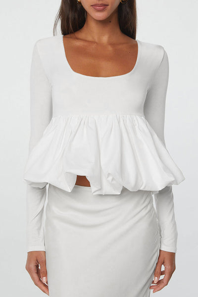 Stylish Women's White U-Neck Long Sleeve Top with Bubble Hem - Versatile for Casual and Dressy Occasions