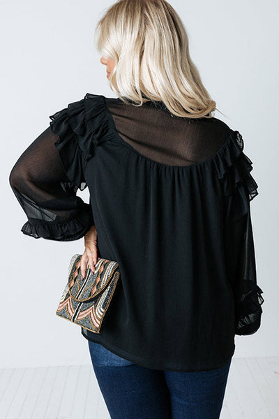 Chic Plus Size Women's Black Chiffon Top with Ruffle Balloon Sleeves Stylish, Comfortable, Perfect for Any Occasion
